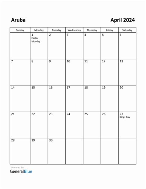Free Printable April 2024 Calendar For Aruba