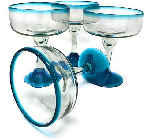 Dos Sueños Mexican Hand Blown Glass 4 Margarita Glasses 16 Oz Aqua Blue