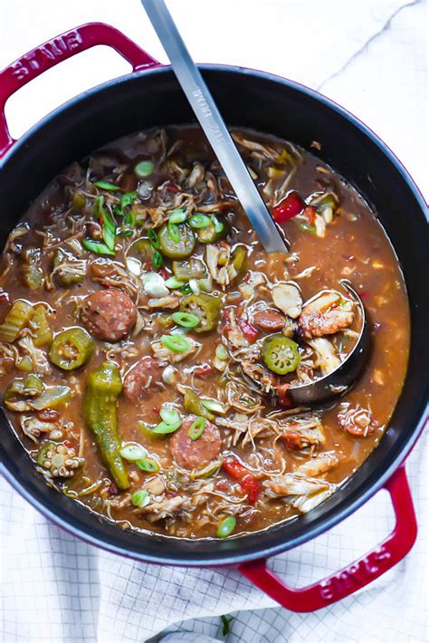 This recipe uses a classic combo of chicken and andouille sausage. Chicken, Crab & Andouille Sausage Gumbo Recipe ...