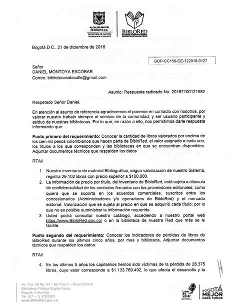Respuesta Derecho De Petición By Bibliotecasalacalle Issuu