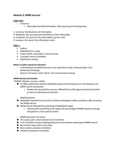Module 2 MMR Vaccine Notes - Module 2: MMR Vaccine CRAP TEST Concerns
