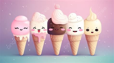 Kawaii Cream Cones With Cute Ice Cream Faces Wallpaper Background Cute