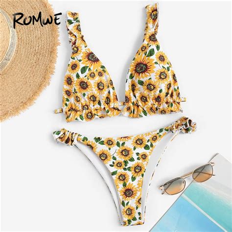 Romwe Sport Frilled Strap Triangle Bra Sunflower Print Sexy Bikinis Set Women Low Rise Bathing