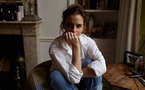 Wallpaper Emma Watson Women Actress Jeans Shirt Looking At