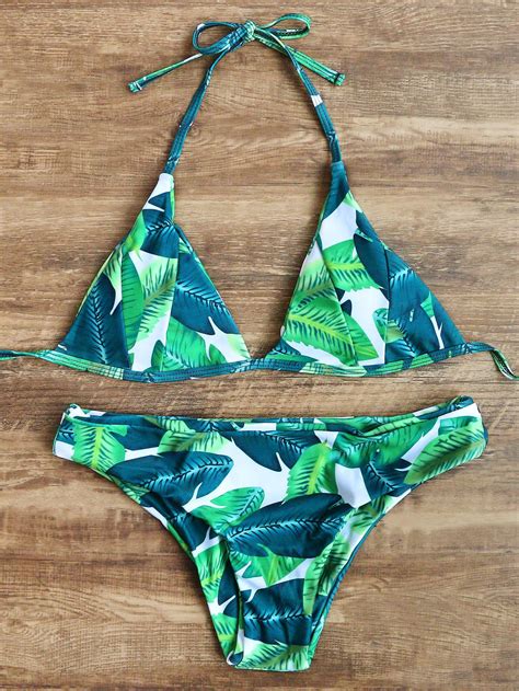 Green Leaf Print Triangle Bikini SetFor Women Romwe