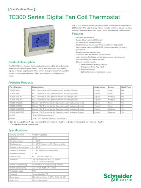 Tc300 Series Digital Fan Coil Thermostat Features Pdf Thermostat