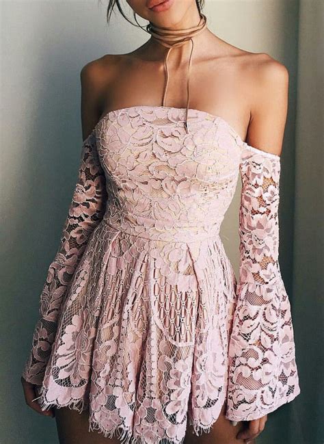 Hot Sale Blush Pink Lace Homecoming Dresses Off The Shoulder Long Sleeves Mini G Cute