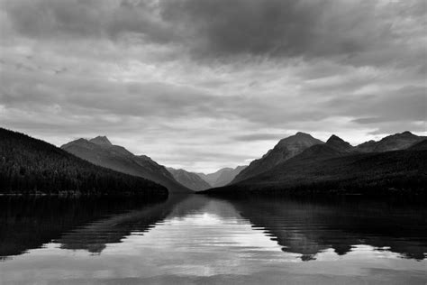 Bowman Lake And A Mountain View Black And White Black And White