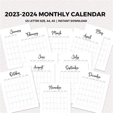 2023 2024 Monthly Calendar Printable Monthly Calendar 2023 Etsy