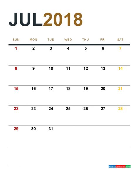 July 2018 Calendar Printable As Pdf And Image 1 Month 1 Page 2018