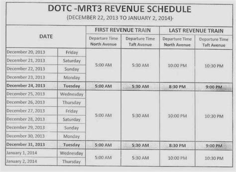 Please plan to arrive at your stop a few minutes early. LRT, MRT schedule Christmas Holidays 2013 , New Year ...