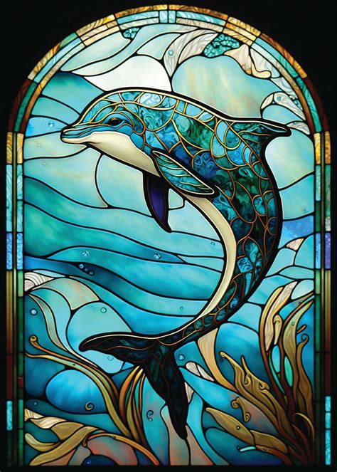Dolphin Stained Glass Poster Picture Metal Print Paint By