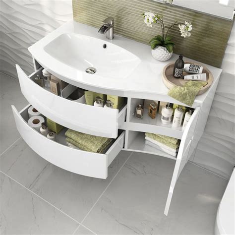 Wall hung vanity units do not touch the floor thus it is easier to clean below and leave enough space for a. 1040mm Amelie High Gloss White Curved Vanity Unit - Left ...