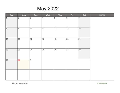May 2022 Calendar With Notes