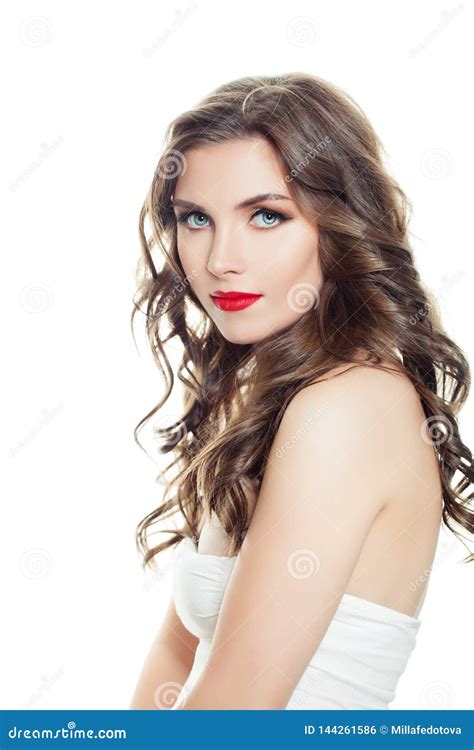 Elegant Woman Isolated On White Background Perfect Model With Makeup And Long Curly Hair