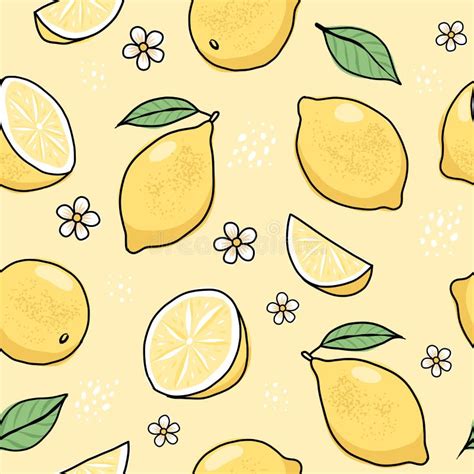 Lemon Hand Drawn Seamless Pattern Vector Illustration In Doodle Style