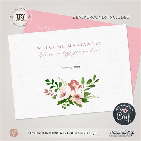 Create your own custom announcement or choose from one of our many design templates. Editable Newborn Card | Baby Birth Announcement Template | Pink bouquet | Editable Baby Girl ...