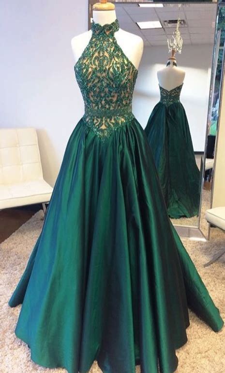 Dark Green Satin Prom Dressesbeaded Bodice High Neck Formal Dresses