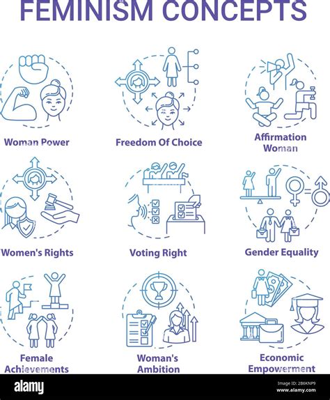 feminism blue concept icons set discrimination gender equality woman power feminist movement