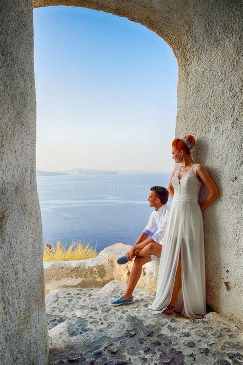 Couple Posing On Santorini Island Stock Image Image Of Lagoon Adult