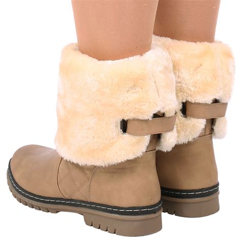D6z Womens Ladies Quilted Faux Fur Lined Thick Sole Mid Calf Boots