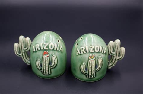 Southwest Saguaro Cactus Arizona State Ceramic Salt Pepper Shakers Set