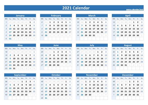 2021 Calendar With Week Number Printable Free Free Printable