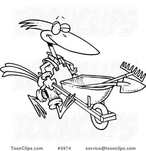 Cartoon Black And White Line Drawing Of A Bird Landscaper Pushing A