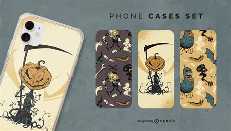 Creepy Halloween Characters Phone Cases Set Vector Download