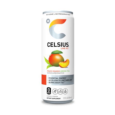 Celsius Essential Energy Drink 12 Fl Oz Peach Mango Green Tea Single