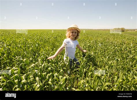 Little Blonde Girl In A Wheat Field Summer Outdoor Stock Photo Alamy