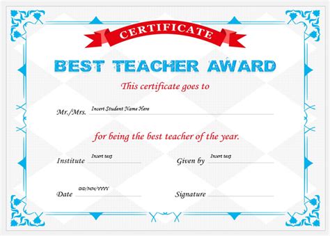 Printable Best Teacher Certificate Template
