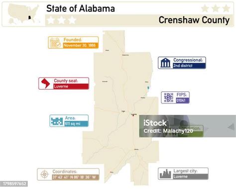Detailed Infographic And Map Of Crenshaw County In Alabama Usa Stock