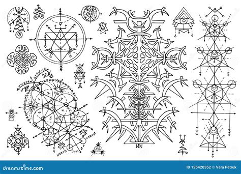 Design Set With Gothic Abstract Patterns And Mystic Symbols On White