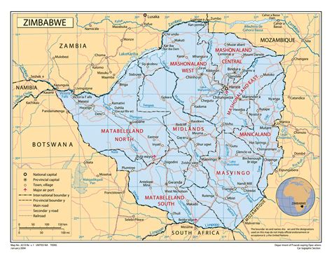 Zimbabwe location on the africa map. Large detailed political and administrative map of Zimbabwe with roads, railroads, cities and ...