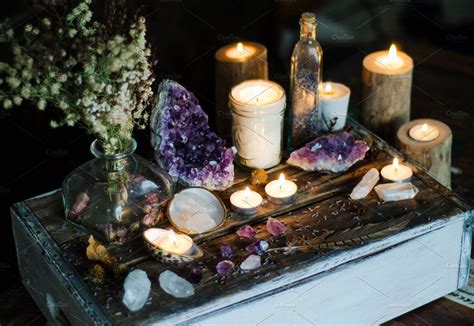 Mystical Altar 5 Featuring Crystals Candle And Earthy Sacred Space