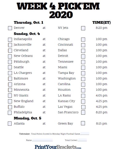 Return to www.footballpickempool.net each week throughout the football season for a new printable pick 'em sheet. Fillable Week 4 NFL Pick'em Sheet - 2019