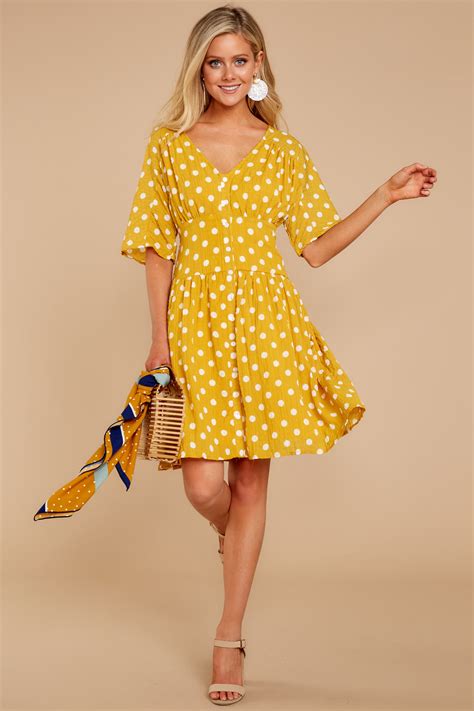 Cute Goldenrod Print Dress Yellow Polka Dot Dress