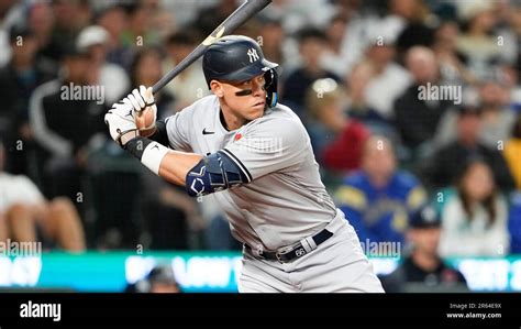 New York Yankees Aaron Judge Looks On During An At Bat Against The Seattle Mariners In A