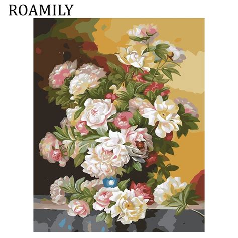 Roamily Unframed Flowers Oil Painting By Numbers Digital Frameless Wall