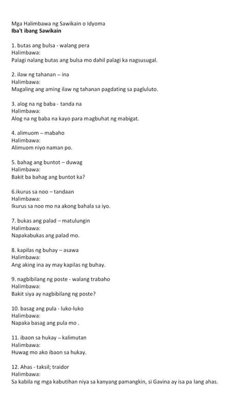 Gumawa Ng Sampu O Limang Tulang Idyoma O Sawikainhalimbawa Kung