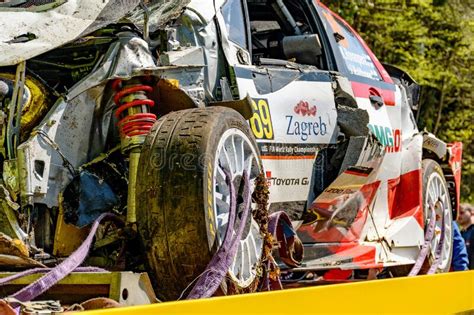 Crashed Toyota Yaris Wrc Race Car Loaded On Towing Truck After Crash At