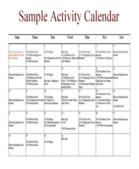Sample Activity Calendar Template Calendar Template Activities