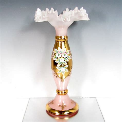 Vintage Bohemian Pink Overlay Glass Vase With Applied Flowers And Gold Gilt And Deeply Ruffled
