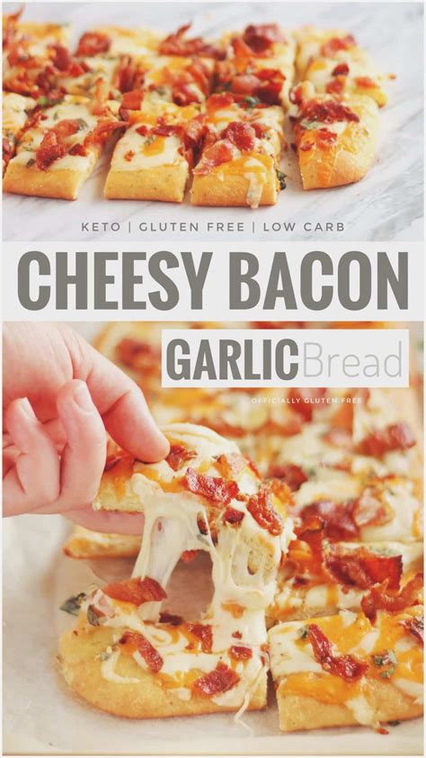 These keto breadsticks will knock your socks off this easy, cheesy, garlicky, delicious keto recipe is made with just 4 simple ingredients: Keto Cheesy Bacon Garlic Bread - Officially Gluten Free