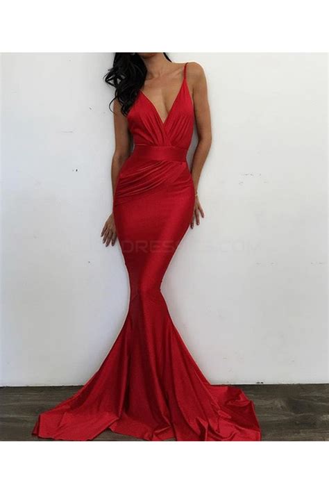 Mermaid Long Red V Neck Prom Dresses Party Evening Gowns