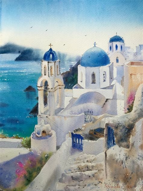 Santorini Greece Watercolor Painting Original Artwork Seascape