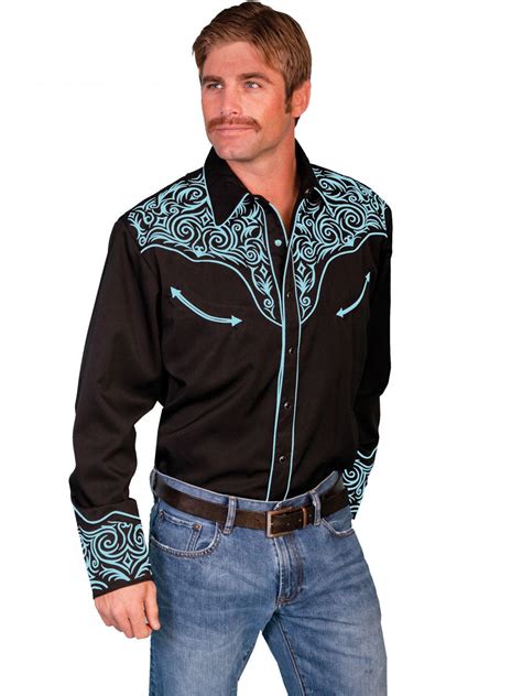 Scully Western Mens Turquoise Polyester Ls Scroll Embroidered Western