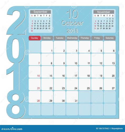 October 2018 Calendar Planner Design Stock Vector Illustration Of
