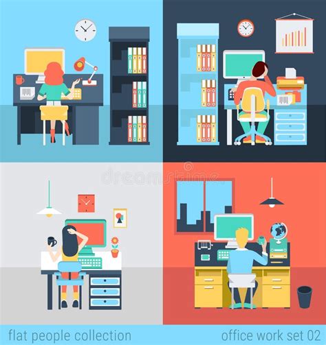 People At Office Workplace Or Freelance In Vector Flat Concept Stock